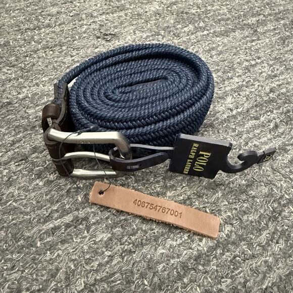 Polo Ralph Lauren Woven Stretch Belt Men 2X Navy Blue Silver Buckle Leather NEW - Picture 1 of 7